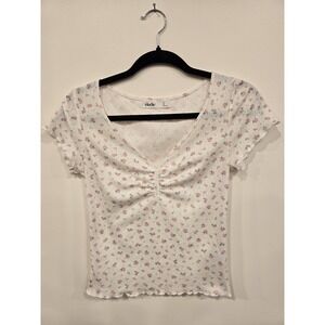 Y2K Style Soft Girl Baby Tee Floral Polka Dot Dainty Ruffle Hem‎ Womens S